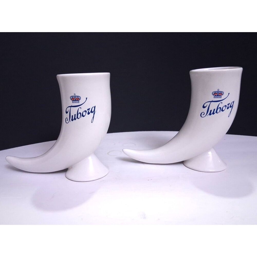 Pair of Vintage Danish White Ceramic Tuborg Beer Horns Brand Logo and Crown